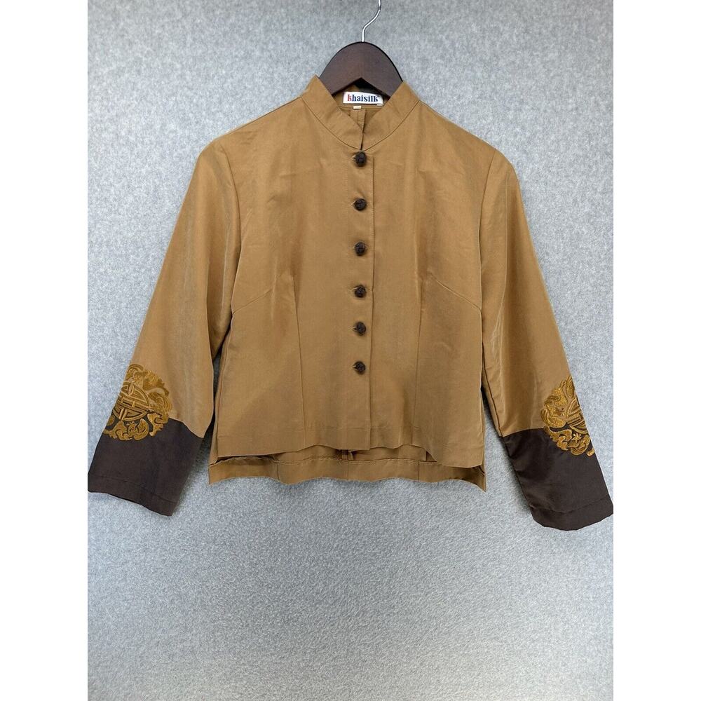 Khaisilk Womens Blazer Jacket Embroidered Long Sleeve Button Up 100% Silk Size M